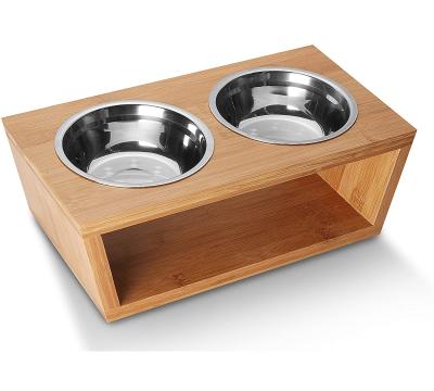 China Sustainable Bamboo Wooden Raised Rack Pet Feeder For Cats And Dogs With 2 Stainless Steel Feeding Bowls for sale