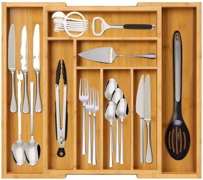 China Sustainable Bamboo Expandable Drawer Organizer, Premium Cutlery and Utensil Tray, Adjustable Kitchen Drawer Divider with 8 Compartments for sale