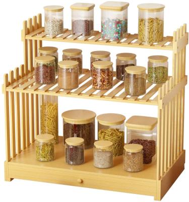 China Sustainable Wholesale Kitchen Customization Storage 3 Tier Bamboo Spice Rack With Drawer for sale