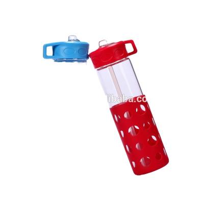 China 550ml Viable BPA Free Glass Water Bottle With Straw Lid, Half Body Silicon Sleeve for sale