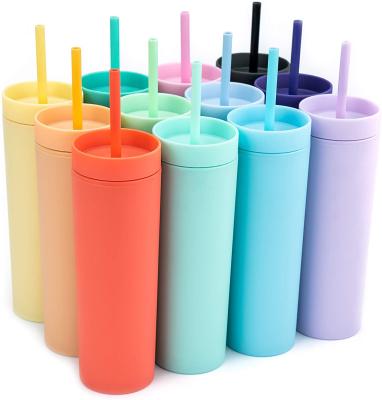 China Watersy Coastal 2021 New Double 16oz Skinny Straight Thin Wall Plastic Tumblers Matte Pastel Colored Acrylic Cups With Lids And Straws for sale