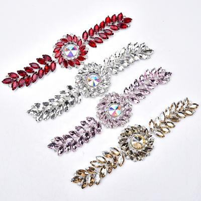 China Fancy Flatback Rhinestone Flower Applique Glass Sew On Marquise Round Stone Rhinestone Crystal Trim Patches For Bridal Sash Decoration for sale