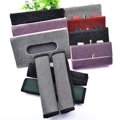 China Diamond Car Interior Rhinestone Tissue Glossy Colors Glass Box Storage Storage Crystal Seat Belt Shoulder Cover Auto Hanging Set for sale