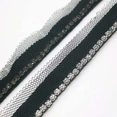 China The Other Black Mesh Cotton Lace Trim Wrapped With Rhinestone Chain Garment Sewing Accessories for sale