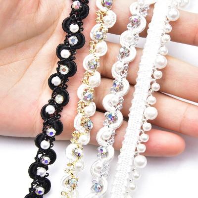 China 1cm Width Handmade Rhinestone Fabric Ribbon Black White Bead Embroidered Beaded Lace Trim Sewing DIY Collar Costume Hat Decoration for sale