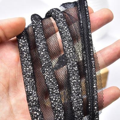 China New Fashion Handmade Black Diamond Rhinestone Crystal Beaded Mesh Lace Sew On Bridal Sash Ribbon Trim For Clothes Shoes Bags for sale