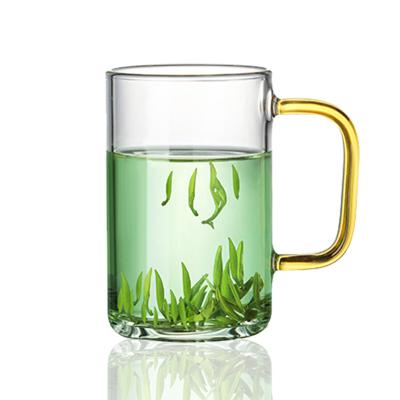 China Factory Stocked Selling Borosilicate Glass Coffee Tea Mug With Yellow Handle 300ml for sale