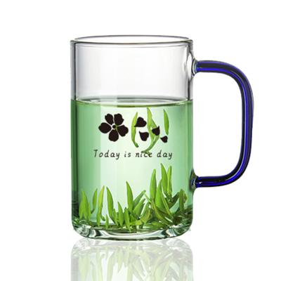 China Viable Factory Sale Borosilicate Glass Coffee Hot Tea Mug With Blue Decal Handle 300ml for sale