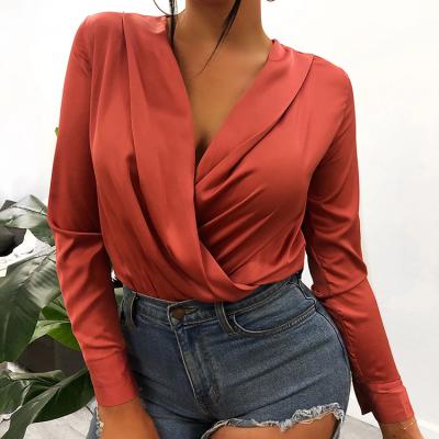 China 2021 Autumn Casual Formal Elegant Womens Clothes V-Neck Color Pure Solid Breathable Ladies Blouses Long Sleeve Tops Jumpsuits for sale