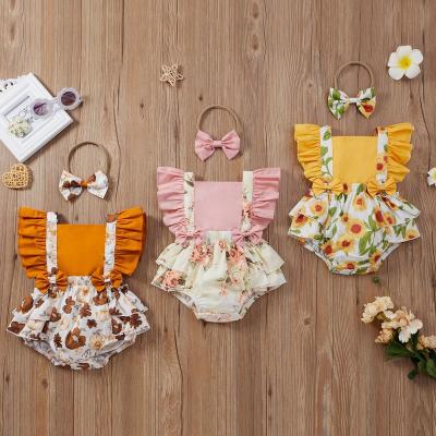 China Cozy Breathble Infant Clothes Sleeveless Top Floral Bottoms 3pcs Headband Set Baby Romper Costume for sale