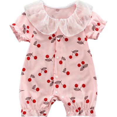 China Infant Summer New Comfortable Breathble Design Clothes Pink Cherry Full Print Baby Girl Romper Overalls for sale