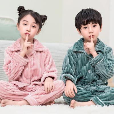 China High Quality Breathable Winter Home Clothes Thermal Flannel Stripe Pajamas Sleepwear Set For Kids for sale