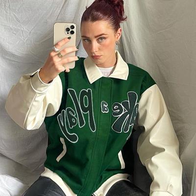 China Fashion Retro Turn Down Collar Letter Embroidery Oversized QUICK DRY PU Leather Sleeve Coat Women Jacket Baseball Outdoor Jackets for sale