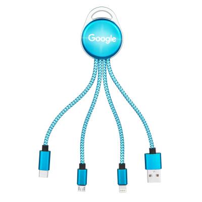 China Convenient Portable 3 in 1 LED Logo 2.4A Charging Head Illuminated Micro Chain Type Cables Customized USB Lightnings Data Cable USB C for sale