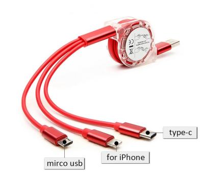 China Convenient Fast Charging Retractable Type-C 120cm Lightnings 3A Cable Customs Lead Logo 3 in1 Micro Usb Charging Data Cable for sale