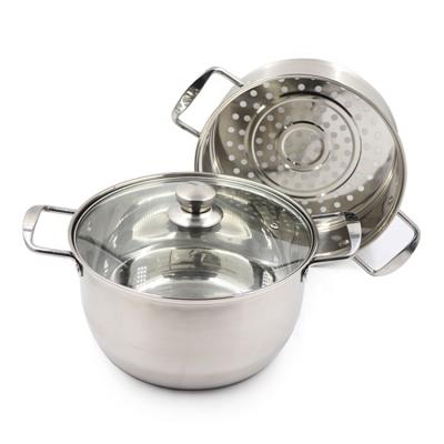 China Sustainable Kitchen Casserole Set With Steam Stainless Steel Food Steamer Soup Pot With Visible Lid for sale