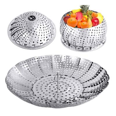 China Fruit Vegetable Stable Folding Basket Metal Kitchen Colander Collapsible Stainless Steel Food Steamer for sale