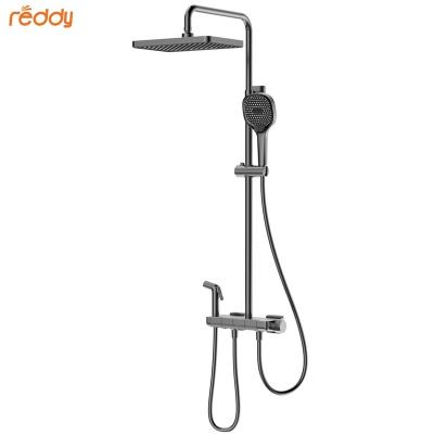 China With Gray Luxury Brass Square Shower Sliding Bar in Wal Mounted Bathroom Set Hotel Shower Mixer with Hand Held and Leaning Feet for sale