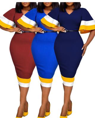 China Breathable Fashion Color Matching Flared Sleeve Dress Mid Length African Plus Size Women's Dress for sale