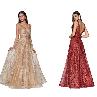 China 2021 New Arrival Breathable V-Neckline Sequined A-line Skirt Tulle Embroidered Evening Dress for sale