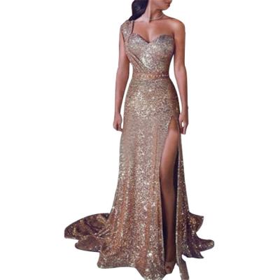 China High Quality Anti-Static Evening Dress One Shoulder Sleeveless Tan Dress Split Long Dress for sale