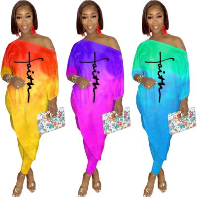 China Breathable Rainbow Stripe Printed 2 Piece Set Large Size Loose Numerical Printing Set Two Piece Set With Oblique Shoulder for sale