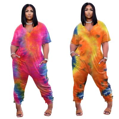 China Sustainable Tie Dye Fashion Street Wear Short Sleeve Plus Size Loose Jumpsuit for sale