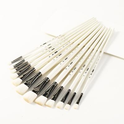 China Brush for Watercolor White Handle Flat Main Brush Art Painting Brush Wool Brush Set of 12 for sale