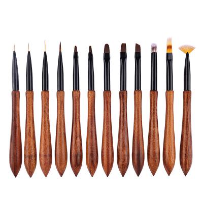 China NAIL Top Quality 12 pcs Sandalwood Handle Nylon Art Nail Brush Round/Fan/Flat/Filbert/Linner Nail Brush Set for sale