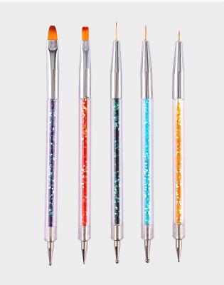 China NAIL 5pcs Double-ended Nylon Nail Brush Dotting Pen Metal Nail Art Brush with Diamond Handle for sale