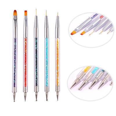 China NAIL 5pcs Nylon Nail Double Brush Dotting Pen Metal Nail Art Brush with Diamond Handle for sale