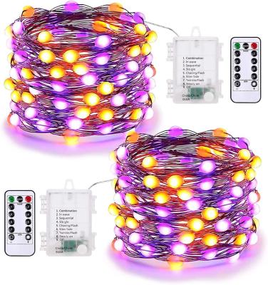 China Imeelighting Garden Purple and Orange Halloween Lights, 2 Packs 17.48ft 50 LED Halloween String Lights with Remote, 8 Modes Battery for sale