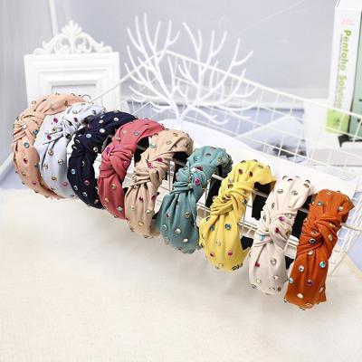 China New Product Ladies Headband Solid Color Soft Fabric Tied Fashion Color Drill Headband for sale