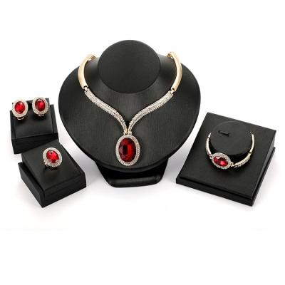 China Eco Friendly Women Fashion African Jewelry Sets Necklace Bracelet Luxury Saudi 18K Gold Plated Dubai Crystal Wedding Bridal Jewelry Set Red for sale