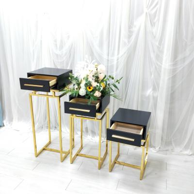 China High Quality Gold Stainless Steel Party Pedestals With Wooden Drawer Pillar Display Stand for sale