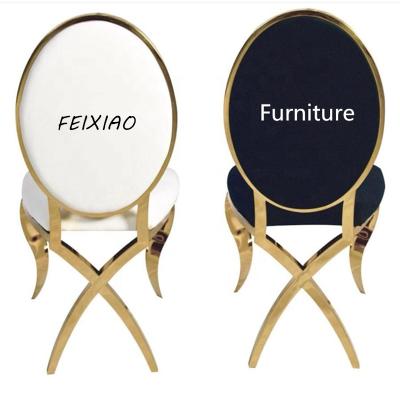 China Modern New Design Gold Stainless Steel High Back Wedding Dining Chair With White Leather Cushion for sale