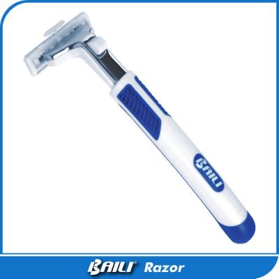 China Blue / white twin blade razor rubber metal handle pivoted head for Male for sale