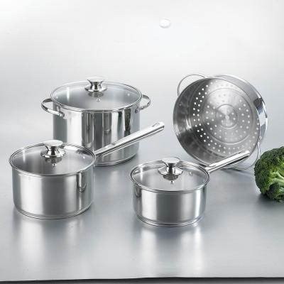 China China Supplier Sturdy Silver Healthy Pan Stainless Steel Kitchenware Pot Sustainable Cookware Set With Glass Lid for sale