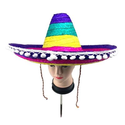 China Retro Striped Colorful Mexican Straw Hat Popular Festival With Fur Ball Brim Wide Straw Hat for sale