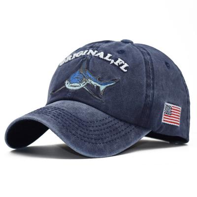 China Picture Customized Hat With Logo Distressed Popular Baseball Hat Cartoon Washed Shark Pattern Denim Embroidered Baseball Hat for sale