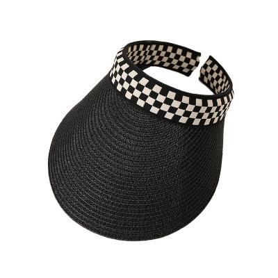 China Wholesale Striped Collapsible Black And White Beach Straw Plaid Hat Sun Ladies Factory Factory Wide Brim Hat Travel for sale