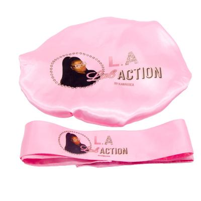 China Fashion wholesale Hot Selling satin woman Sleeping night Double Sided adjustable  Pink Hair Bonnet And Silk Wraps Custom Logo for sale