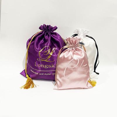 China Draswing Wholesale Custom logo blue black pink big silk pouch dust drawstring satin  wig hair bundles packing bags gold stamping for sale