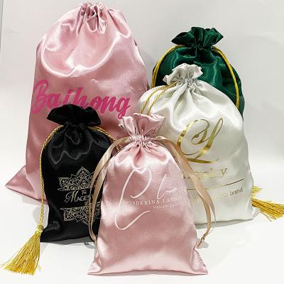 China Draswing Wholesales  Custom Luxury Women Silk Hair Big Black Drawstring Bags Wig Satin Pouch With Logo for sale