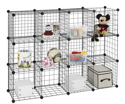 China Modular 12 Cube Metal Wire Mesh Storage Cubes Wire Grid Wall Panel Wall Mounted Photo Hanging Display for sale