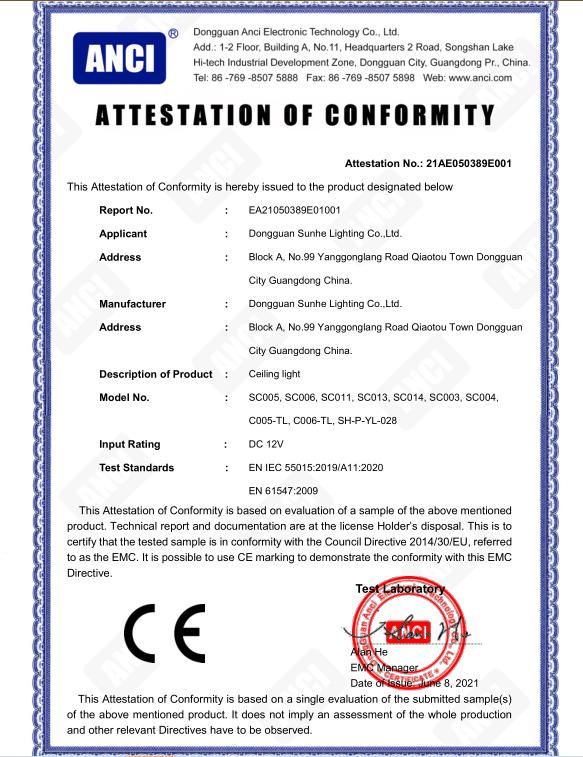 CE - Dongguan Sunhe Lighting Co., Ltd.