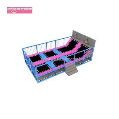 China With protective net pink blue trampoline small park with stairs and basketball ball backboard for sale