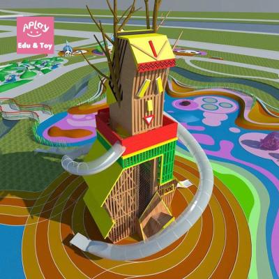 China Anomalous Wooden Playground Outdoor Building Wooden Weird House High With Long Big Stainless Tube Slide Free Design for sale