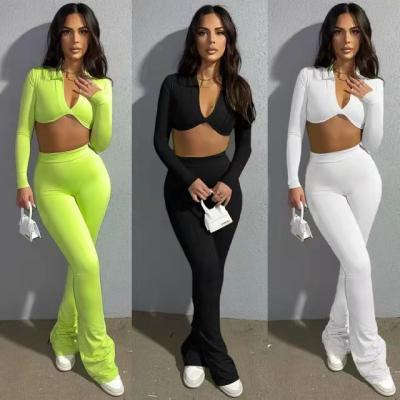 China Best Selling Women Breathable 2 Piece Tracksuit Set Women Deep V-Neck Solid Long Pants Sweatshirt Top Set for sale