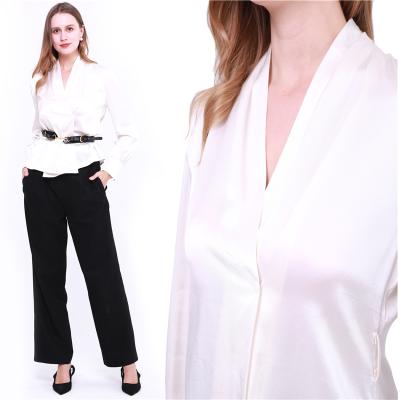 China Lady Casual Satin Top Elegant Women Office Blouses V-Neck Principal 100% Long Sleeve Viable Silk Shirt for sale